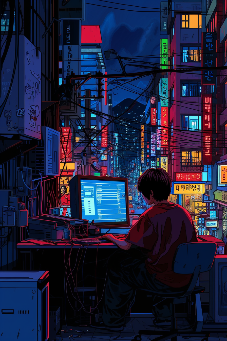 Pixelated Akira Sitting in Seoul at Night