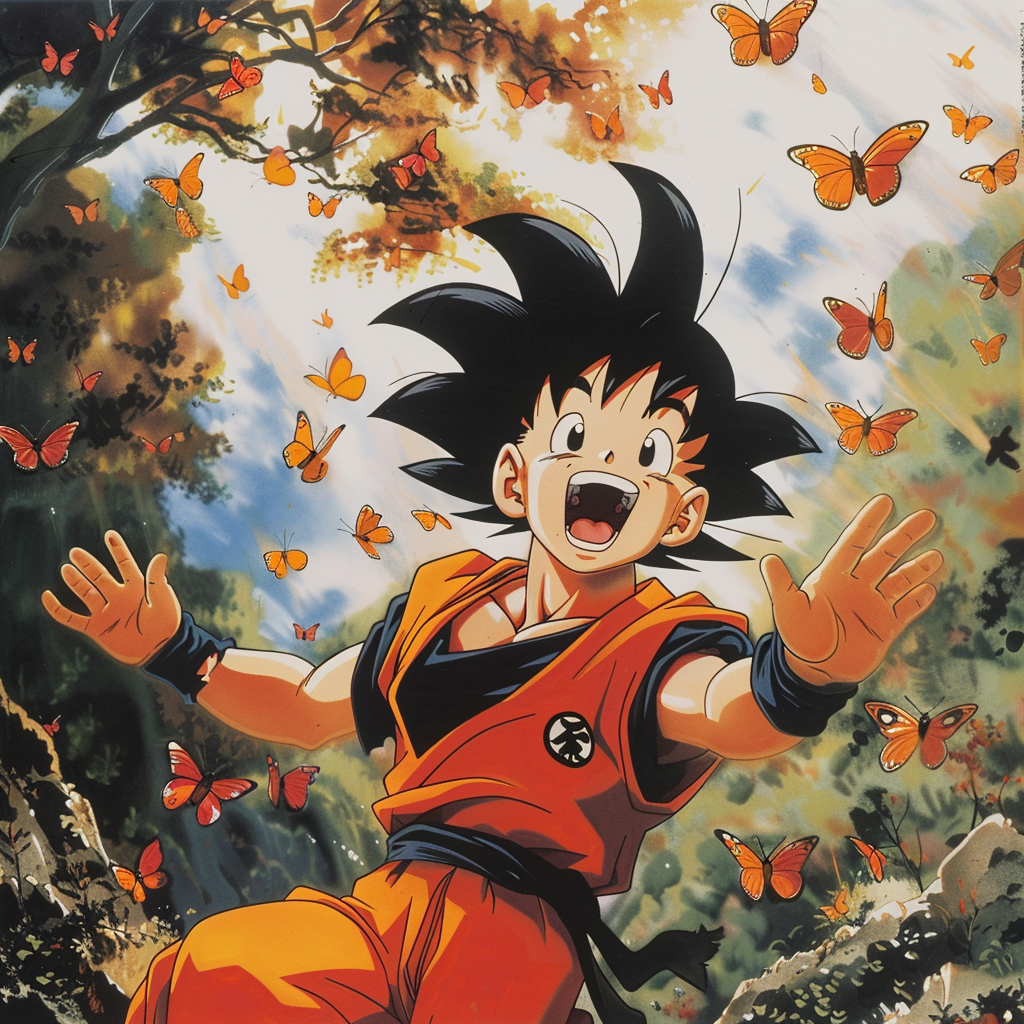 Son Goku smiling in wilderness