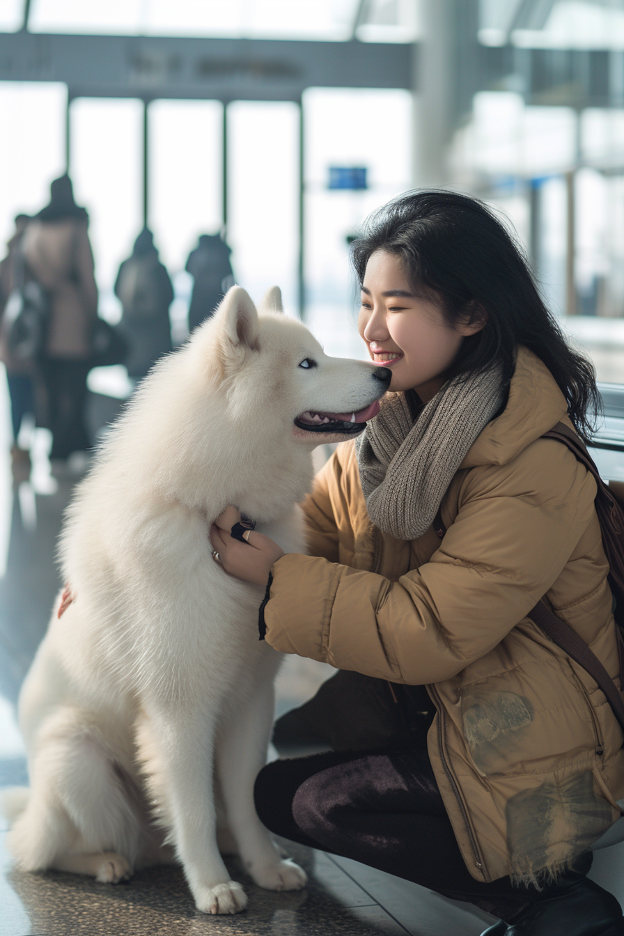 Akita dog greeting Chinese girl at airport