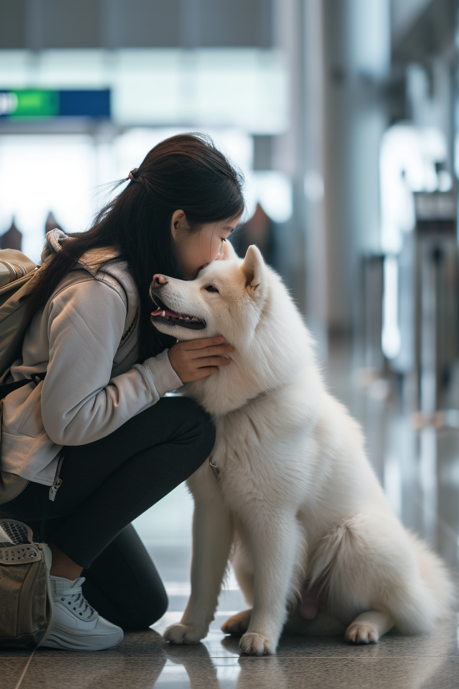 Akita dog greeting Chinese girl at airport