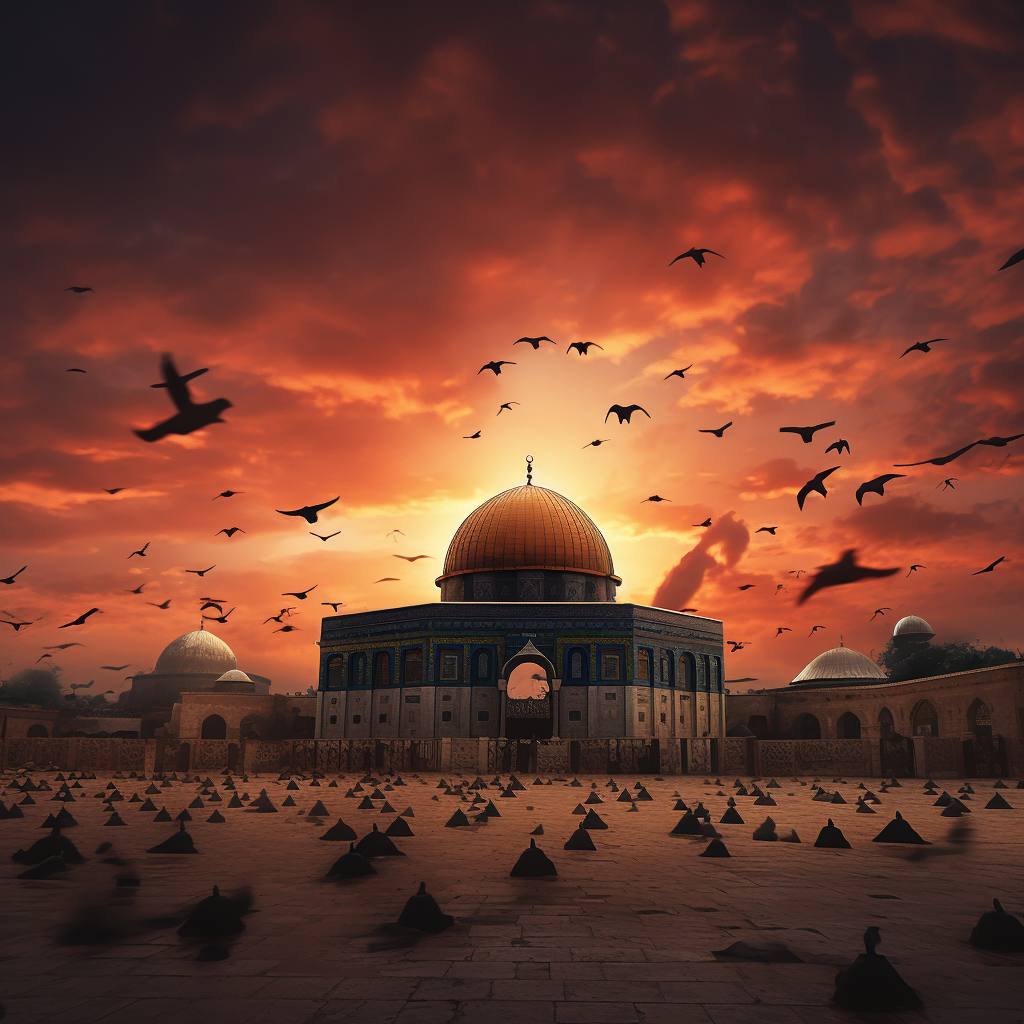 Detailed image of Masjid Al Aqsa with red sky