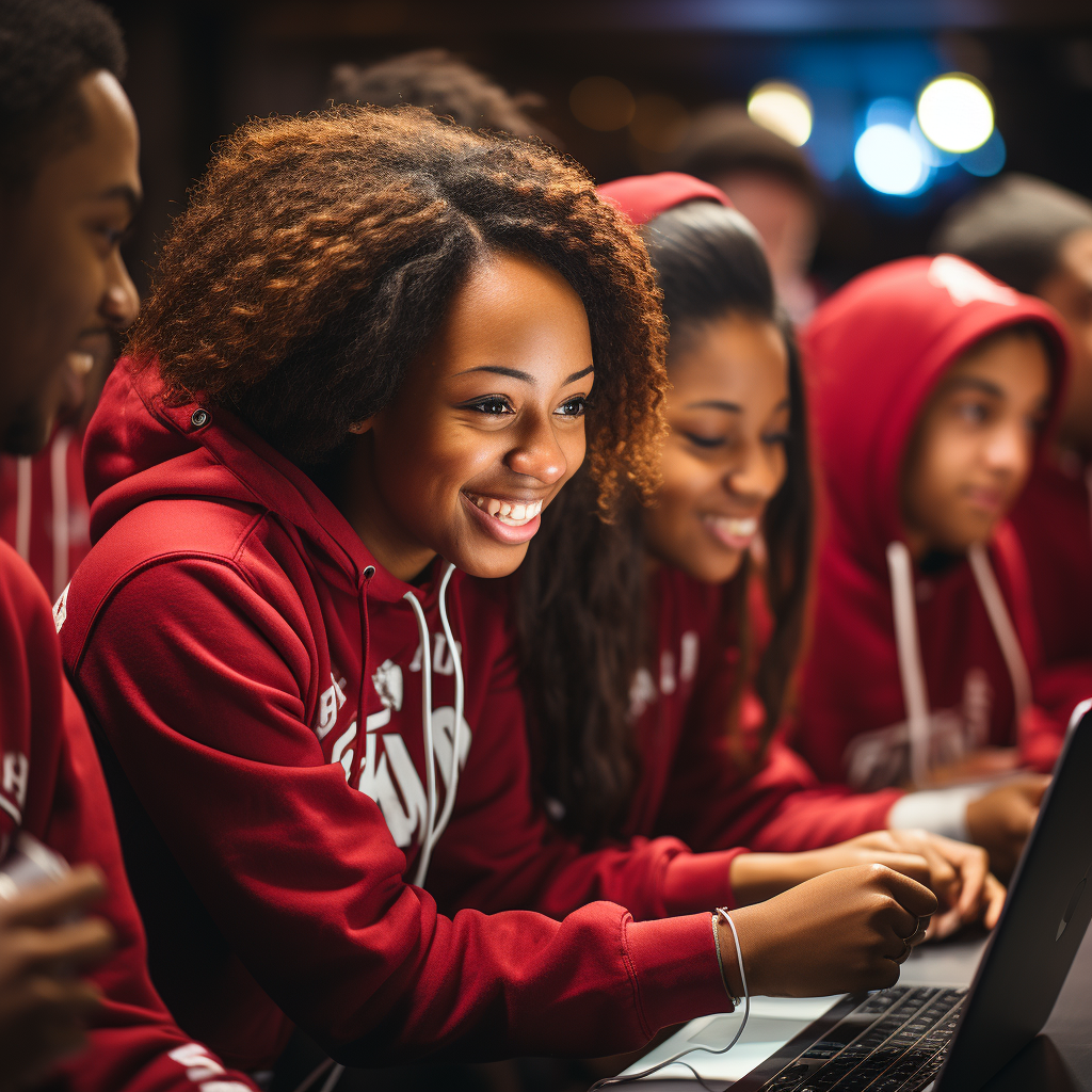 African American HBCU students wearing sweatshirts using modern equipment