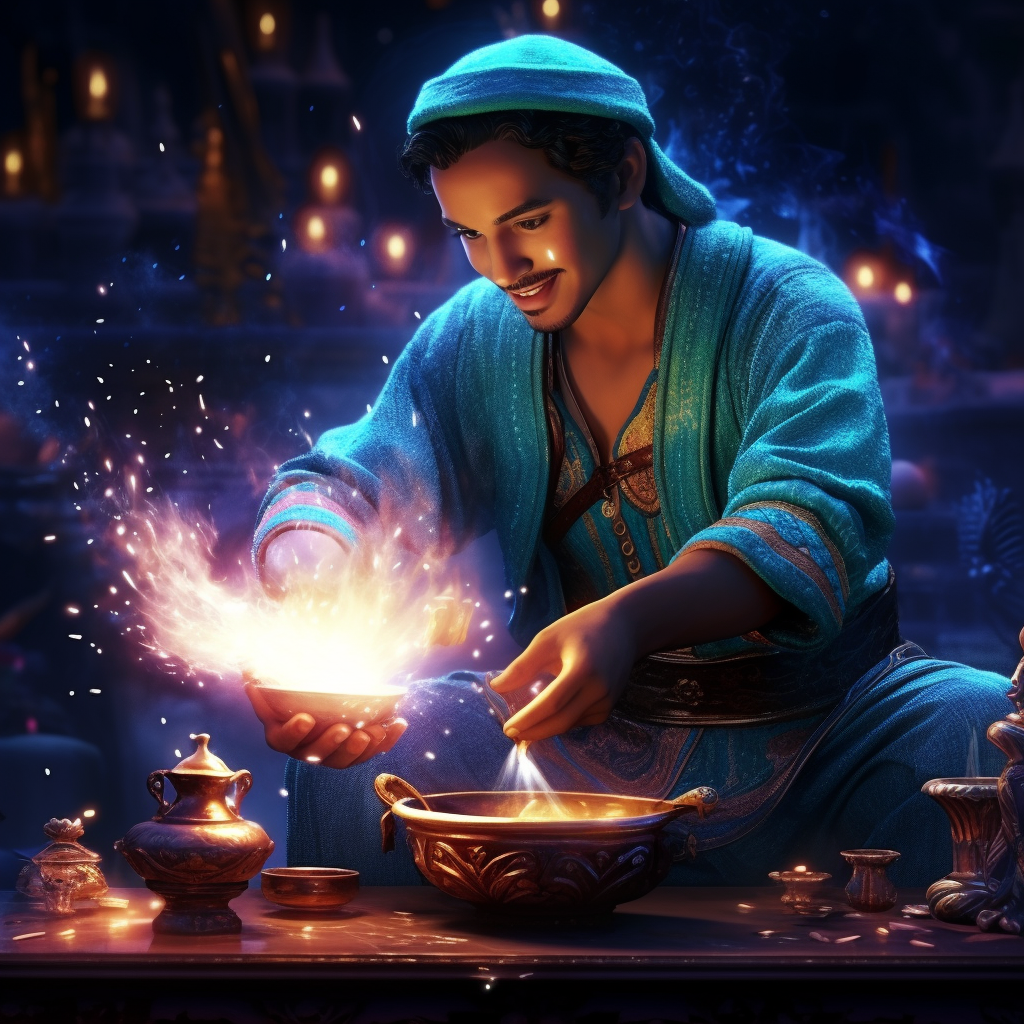 Aladdin Blue Genie Sparkling Fire Dark Background