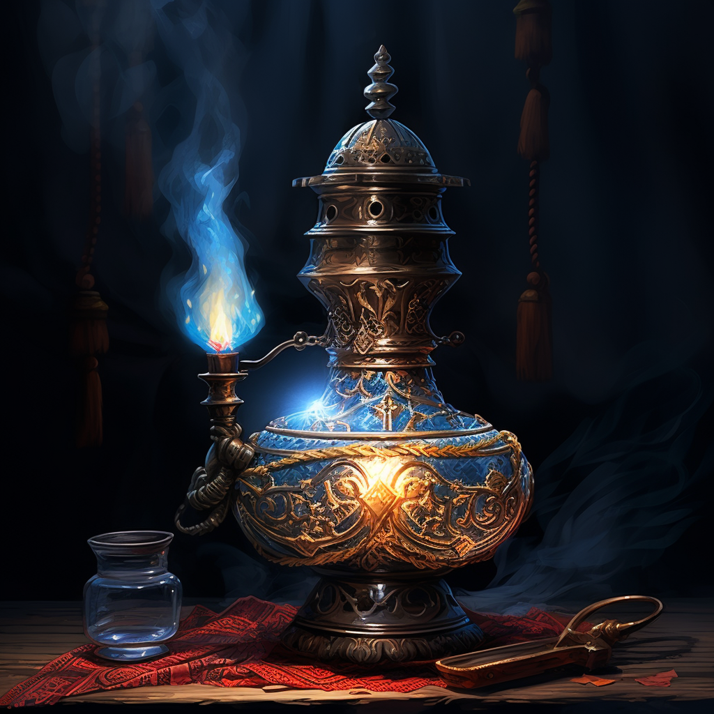 Illustration of Aladdin's smoking oil lamp