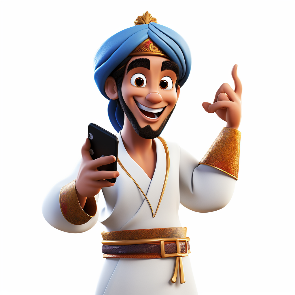 Aladdin with Arabic hat showing mobile