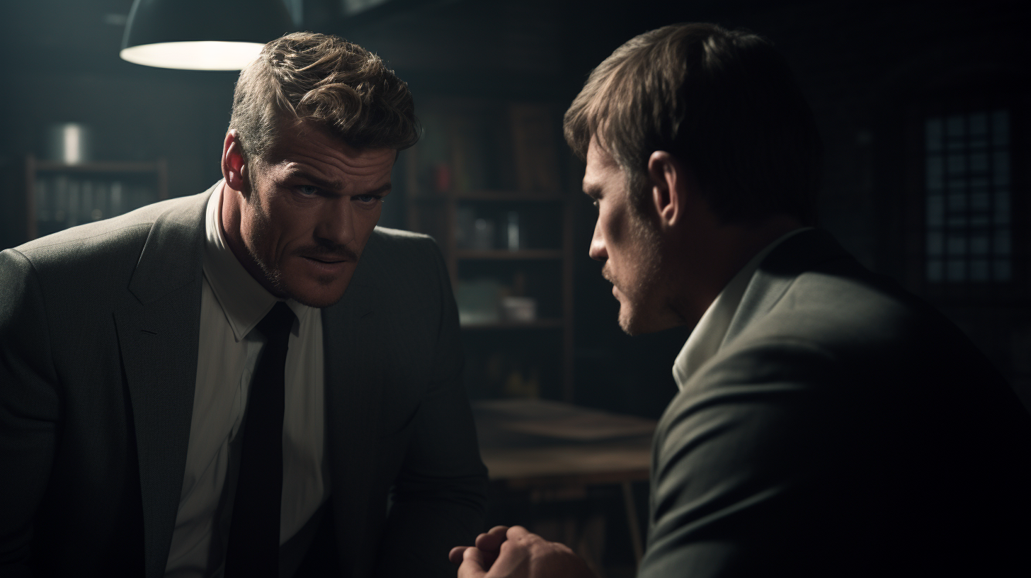 Alan Ritchson and Detective discussing a case