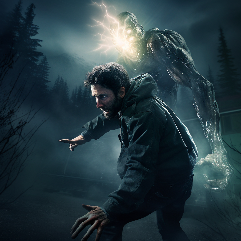 Alan Wake bravely fights demonic creature