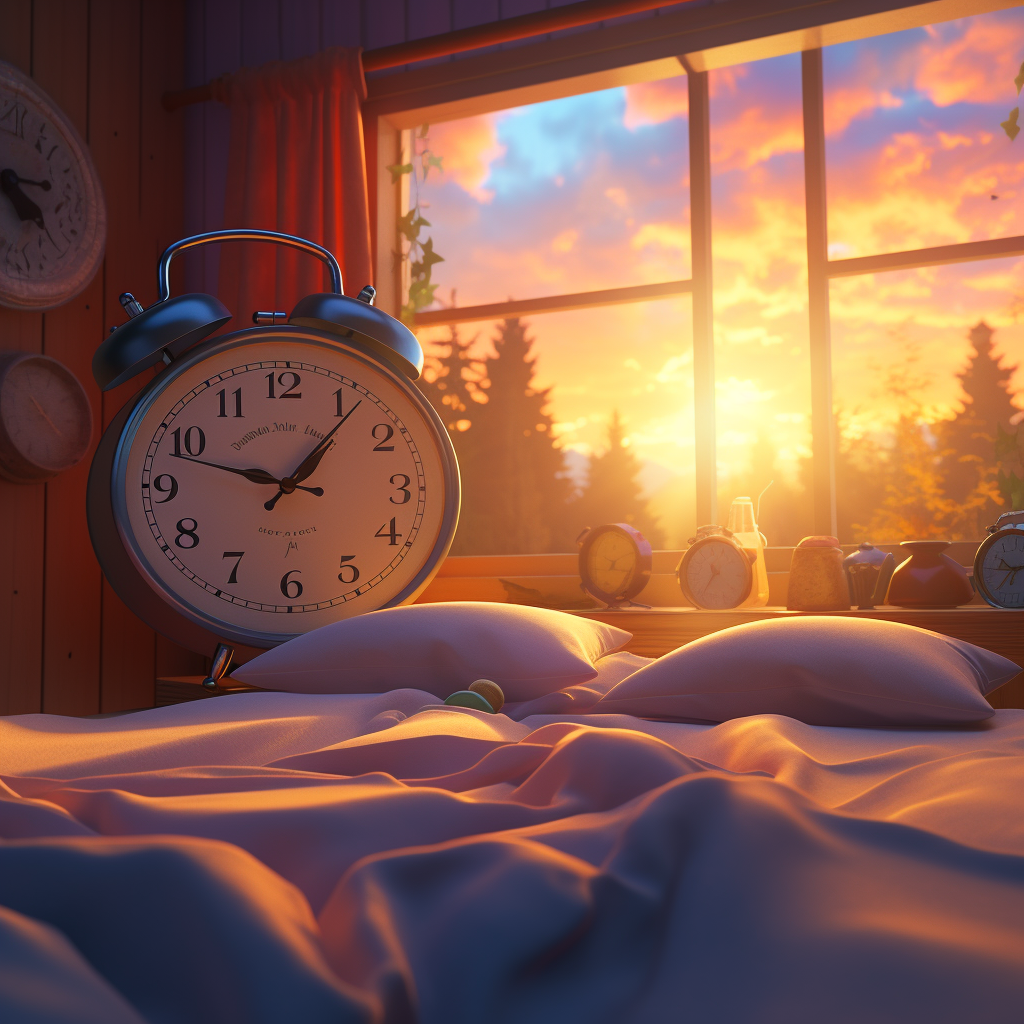 Alarm clock next to bed with sunset shining through window