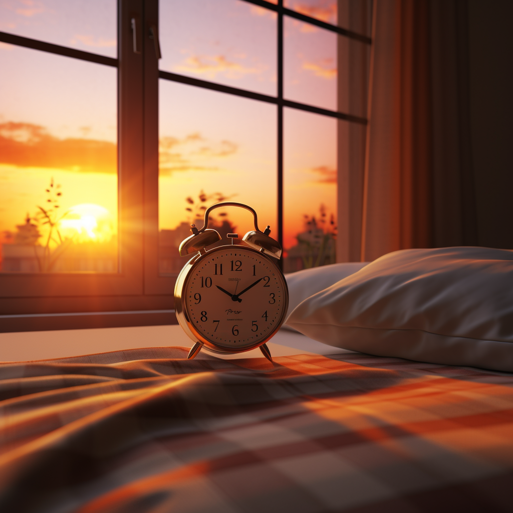 Digital alarm clock showing 7am time next to the bed with sunrise