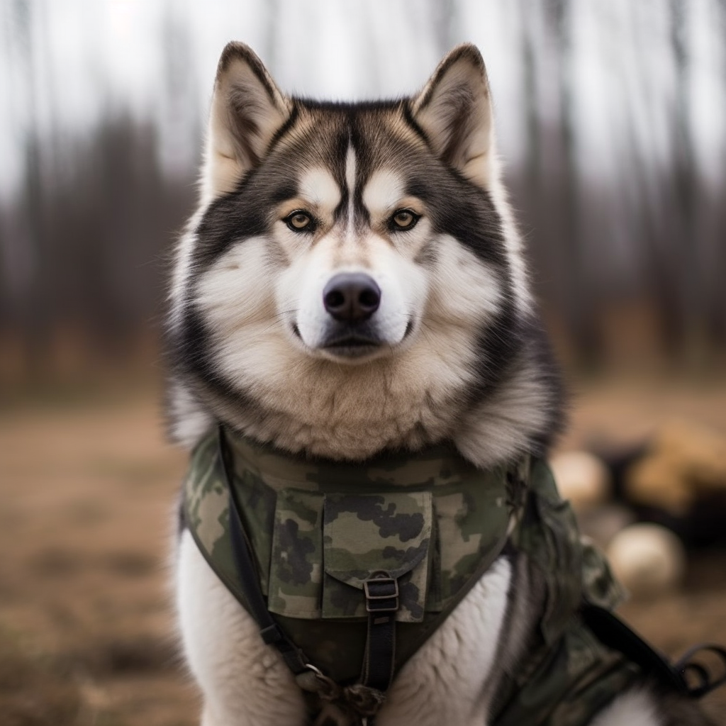 Powerful Alaskan Malamute-human soldier hybrid in uniform