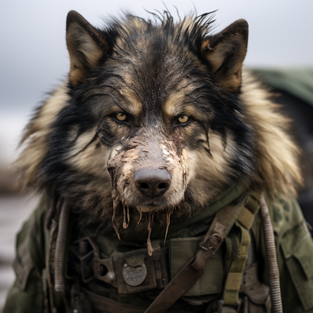 Battle-worn Alaskan Malamute Soldier with Evil Look