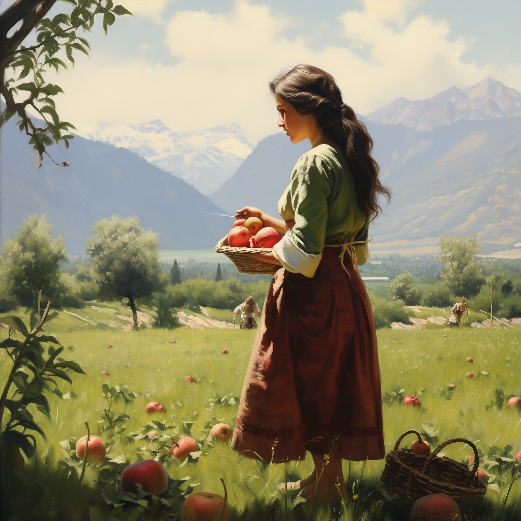 Young Albanian Girl Collecting Apples in Field