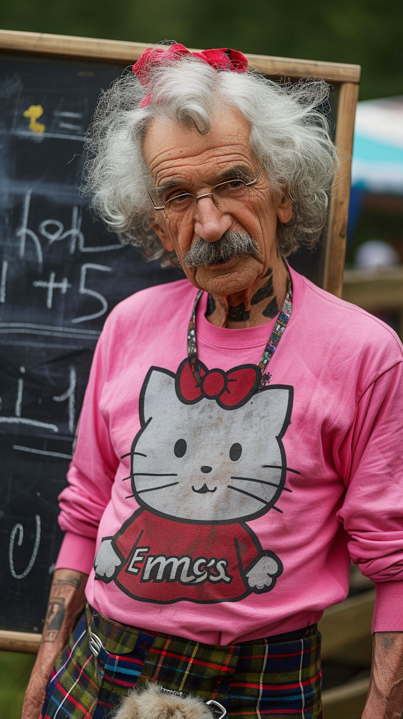 Albert Einstein with Pink Hello Kitty Tshirt and Kilts