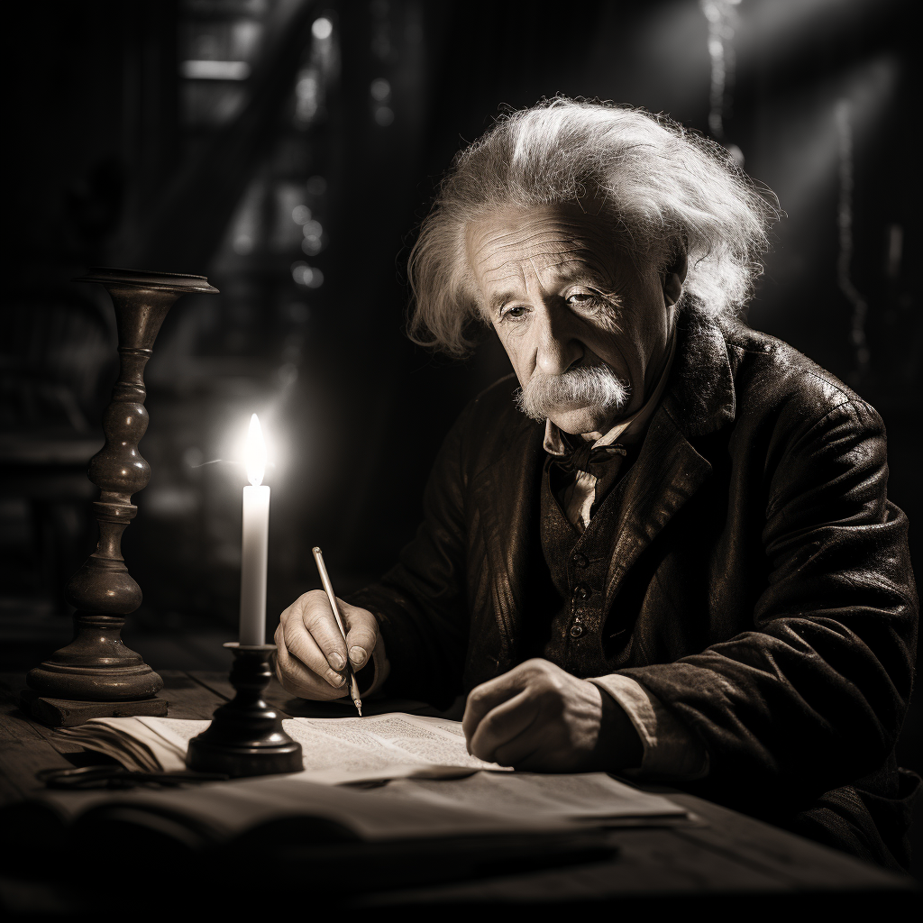 Albert Einstein reading book on wooden table