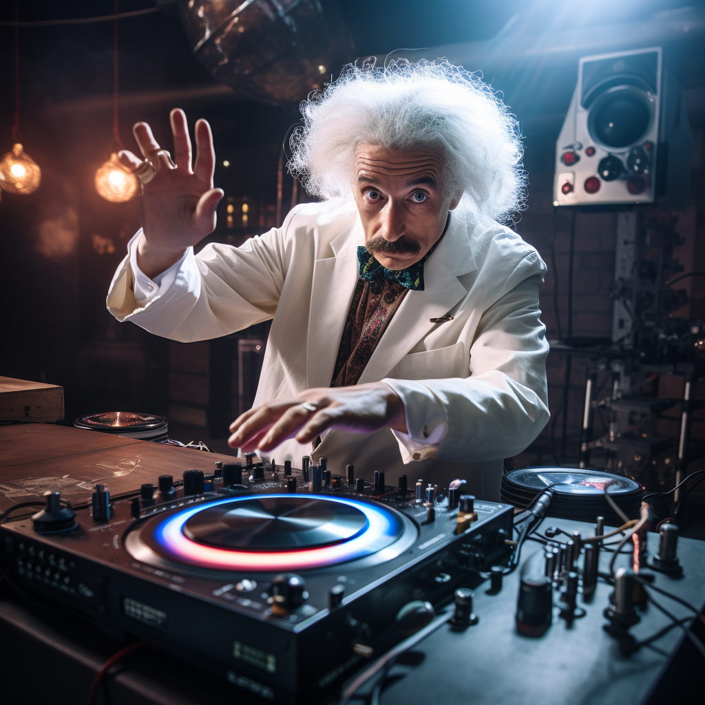 Albert Einstein DJ'ing in a Science Lab