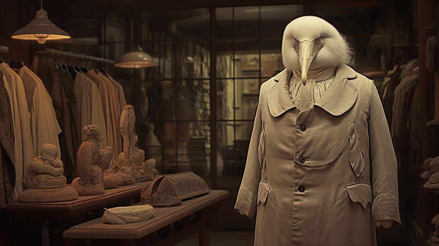 Albino albatross in 19th century suit in natural museum