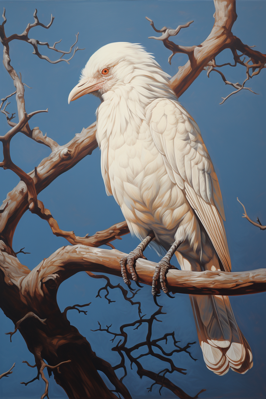 Detailed Albino Crow Perched on Branch