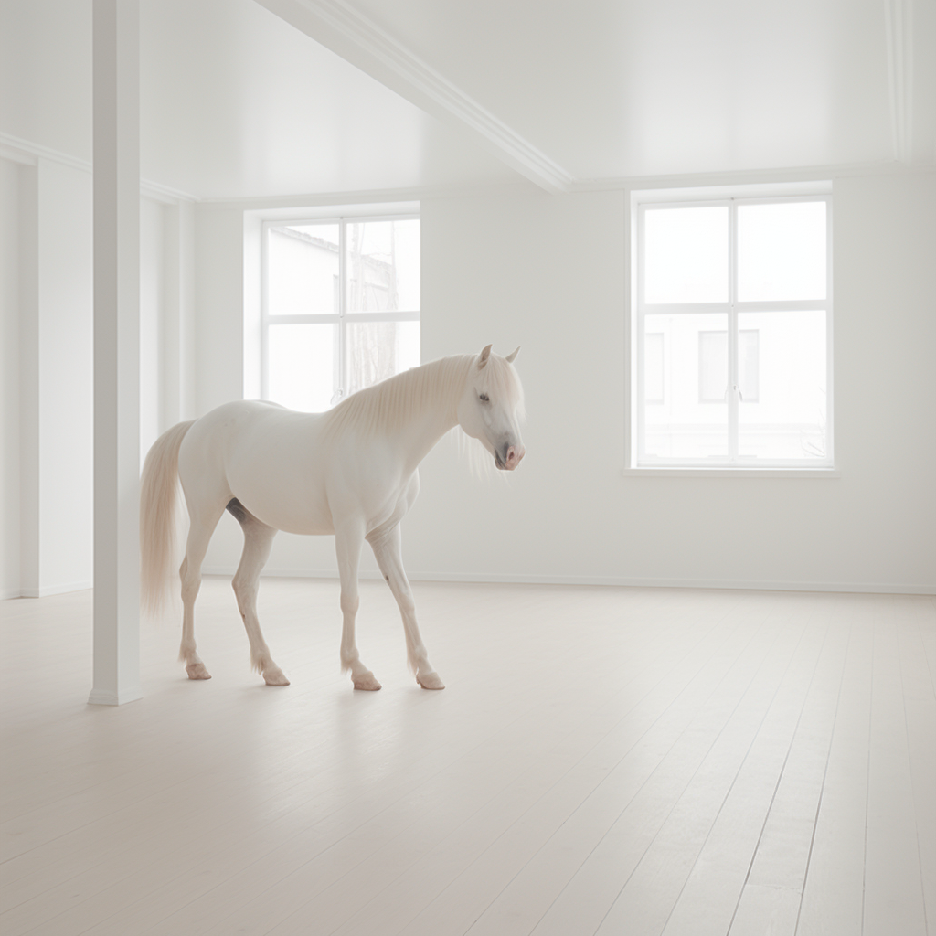 Albino horse in white room