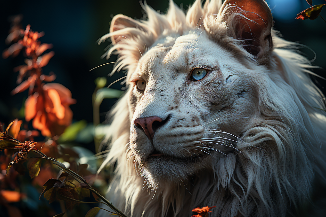 Albino lion face in tropical forest with bromeliads