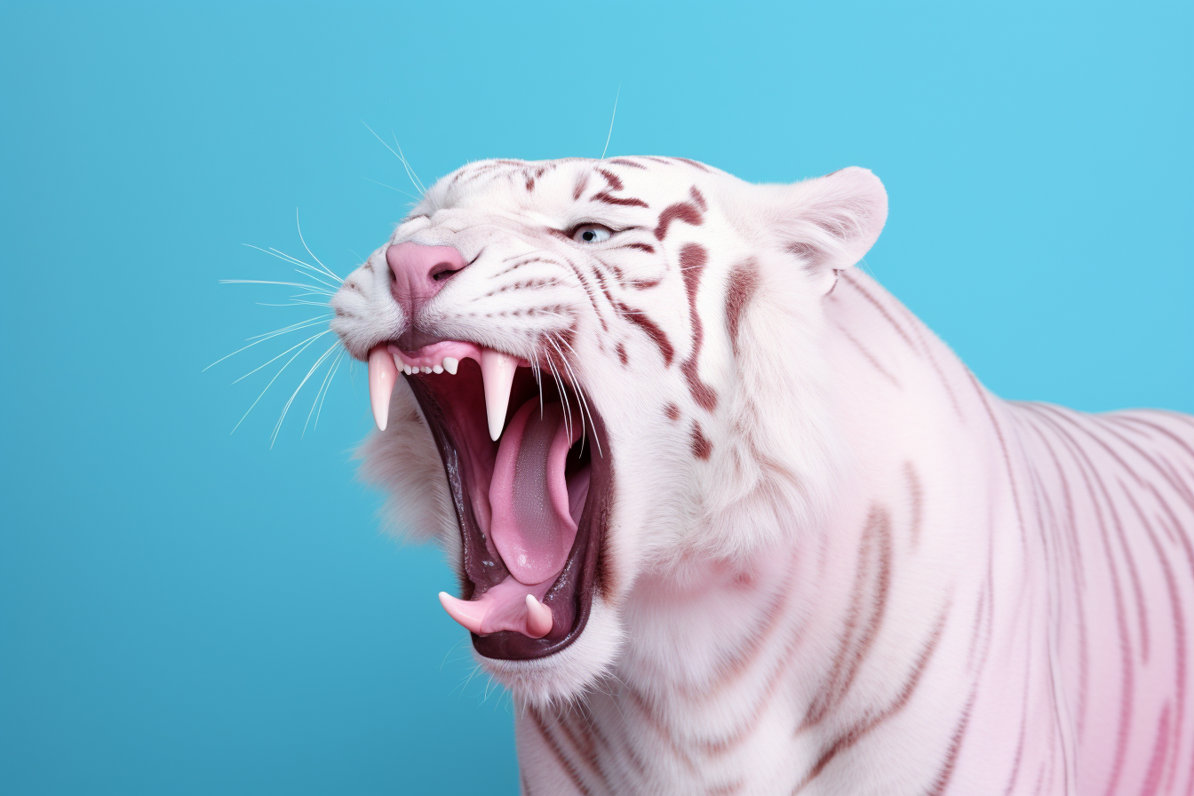 Albino tiger roaring on pink background