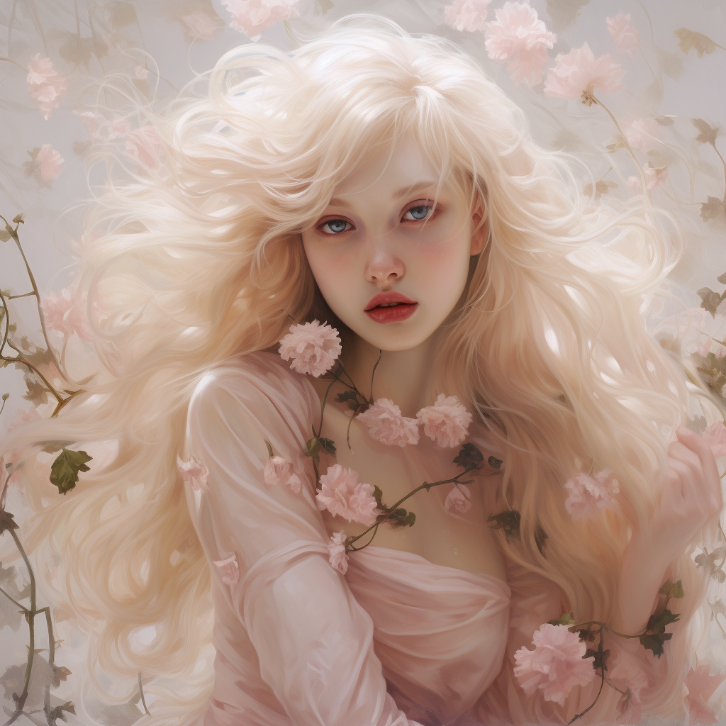 Albino woman in pink floral dress with wind blowing