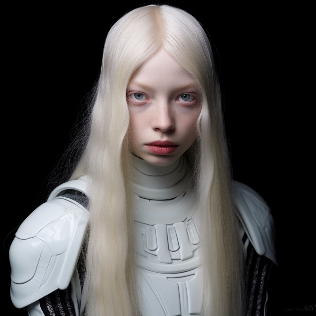 Albino girl with long white hair in alien suit