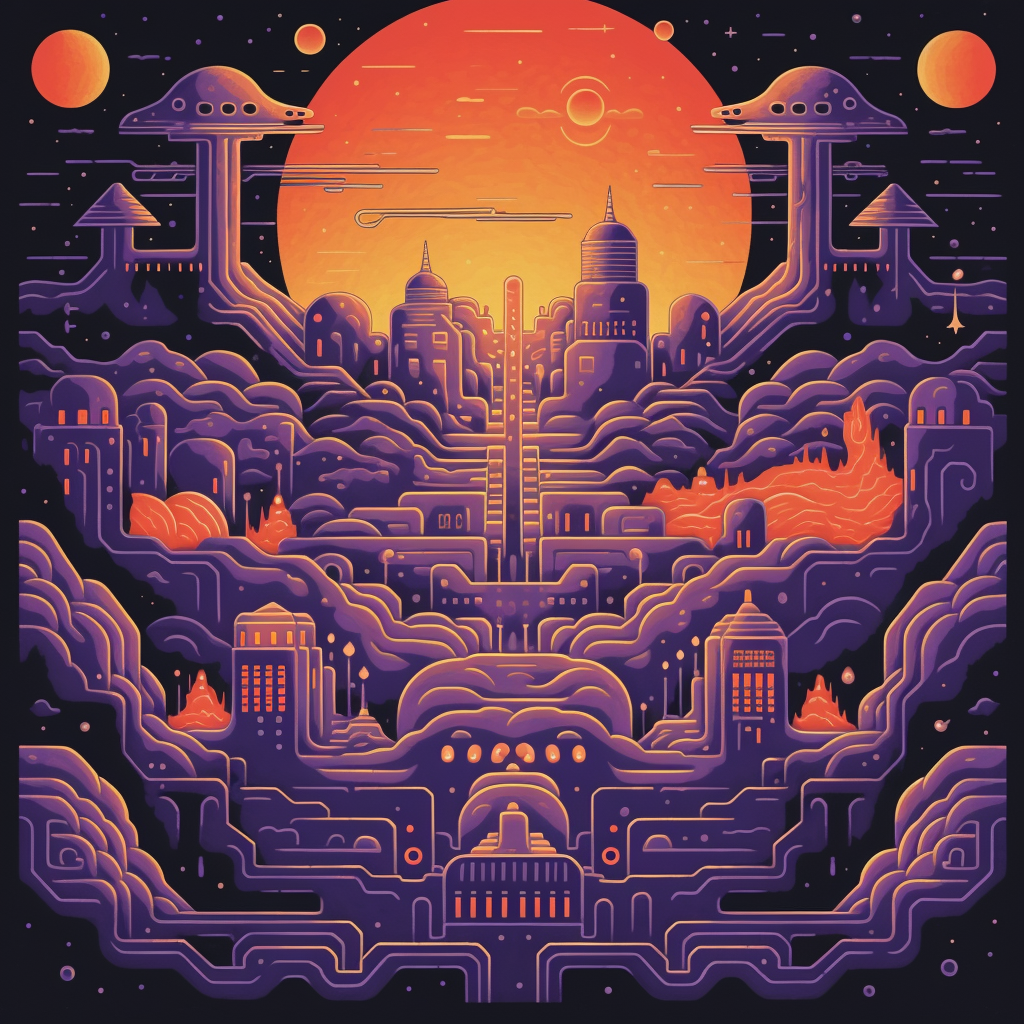 Purple and orange Space Invaders album cover