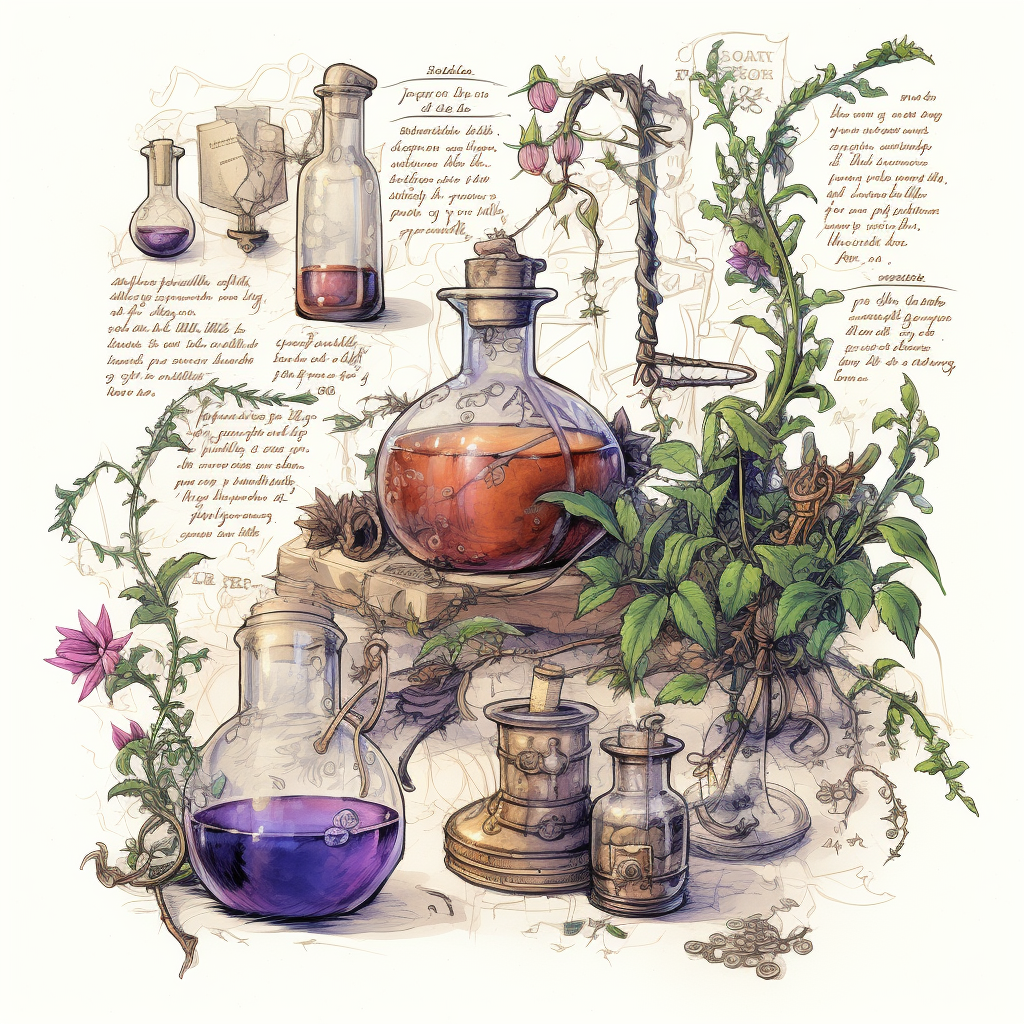 Alchemist herbs potions diagram sketch