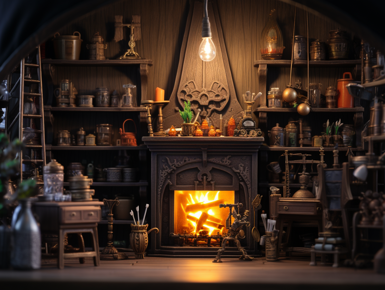 Alchemist's Atelier Bookshelf with Lab Equipment