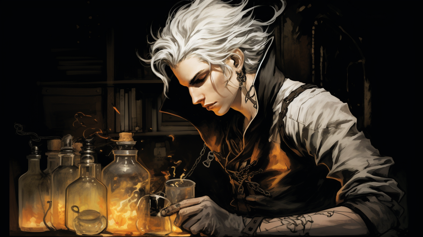 White-haired young man practicing alchemy