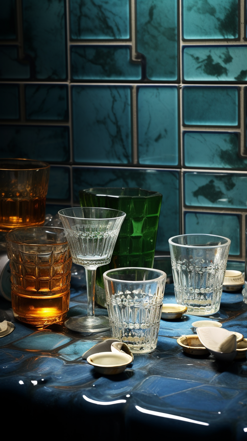 Realistic alcohol and cups in kitchen