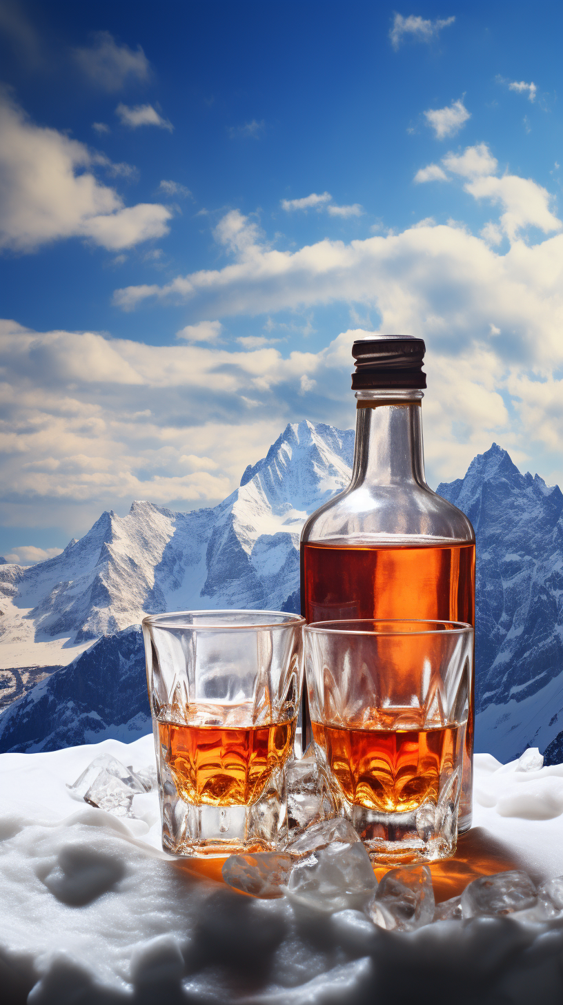 Bottle of alcohol and cups in snow mountains