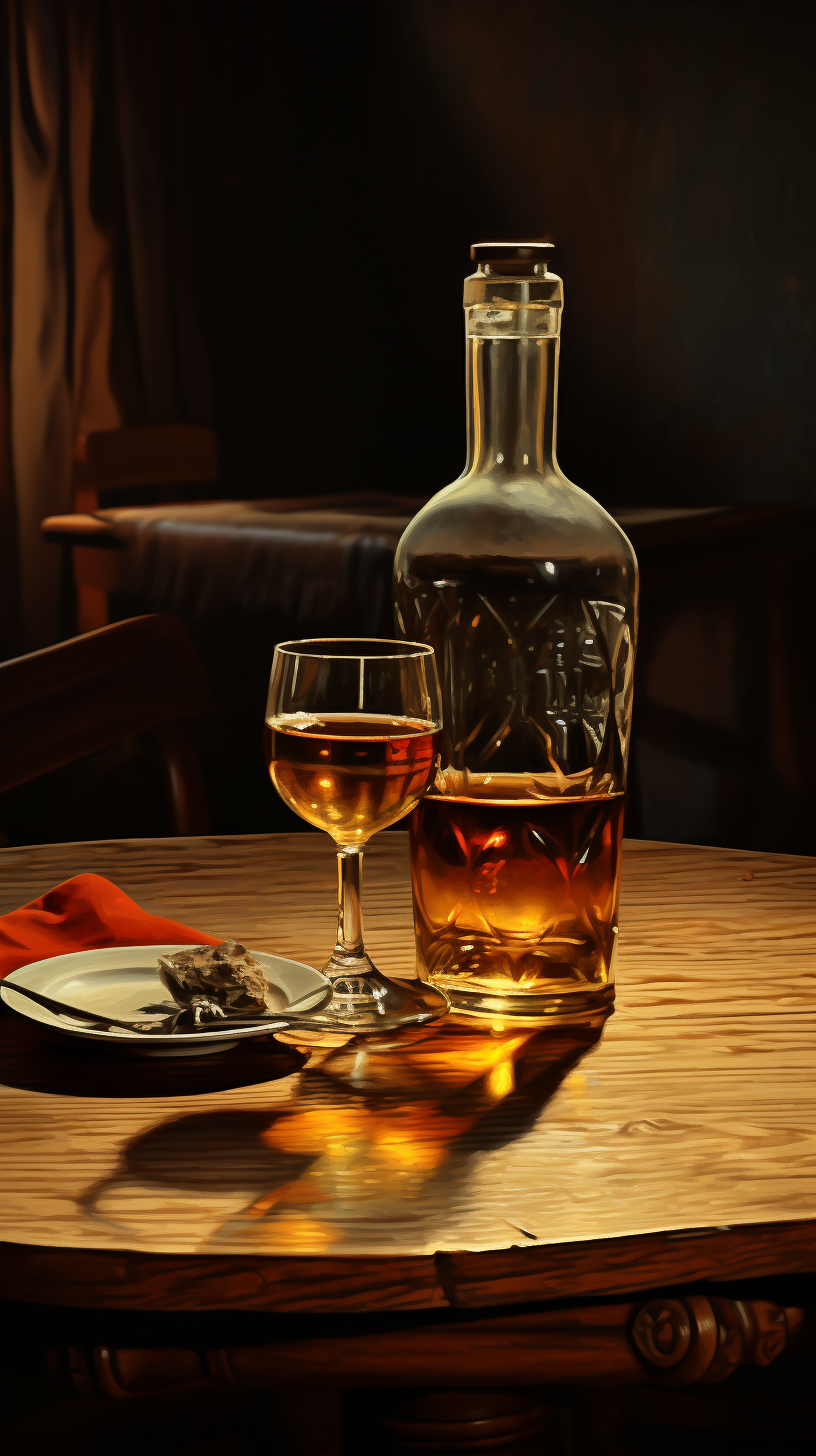 Realistic image of alcohol and cups on a dining table