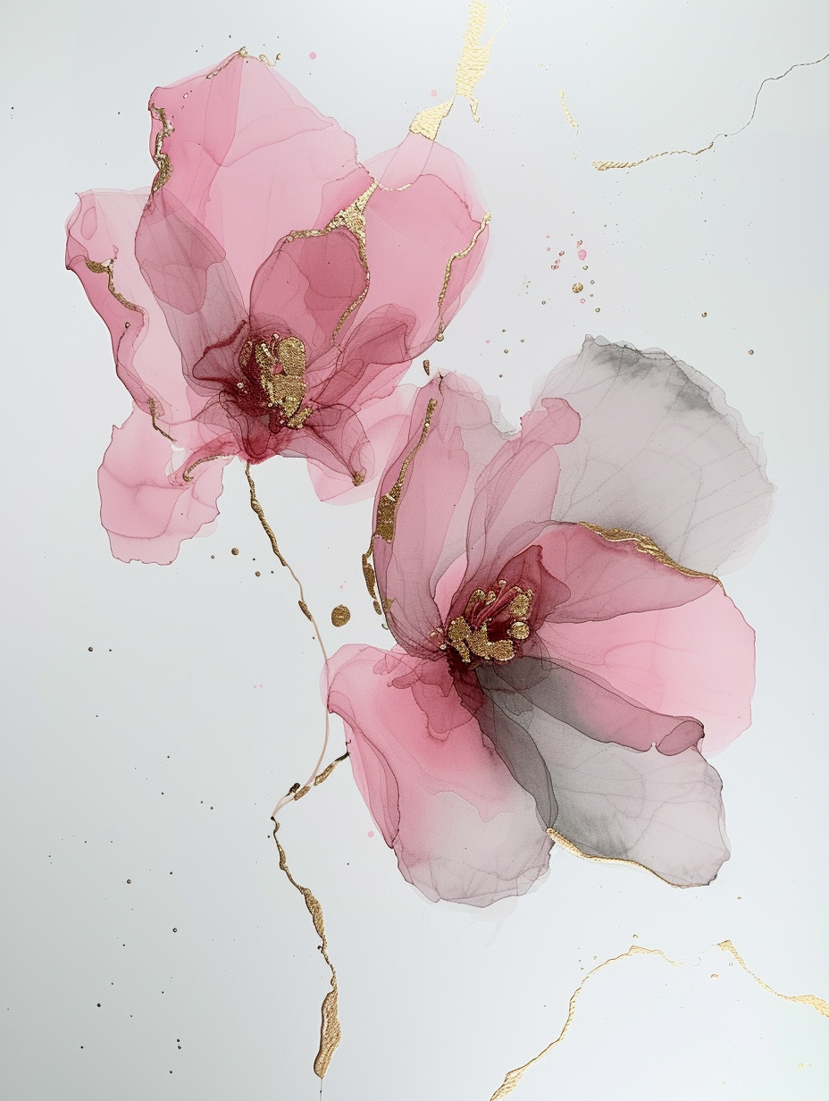 Alcohol Ink Painting with Pink, Grey and Gold Cracks