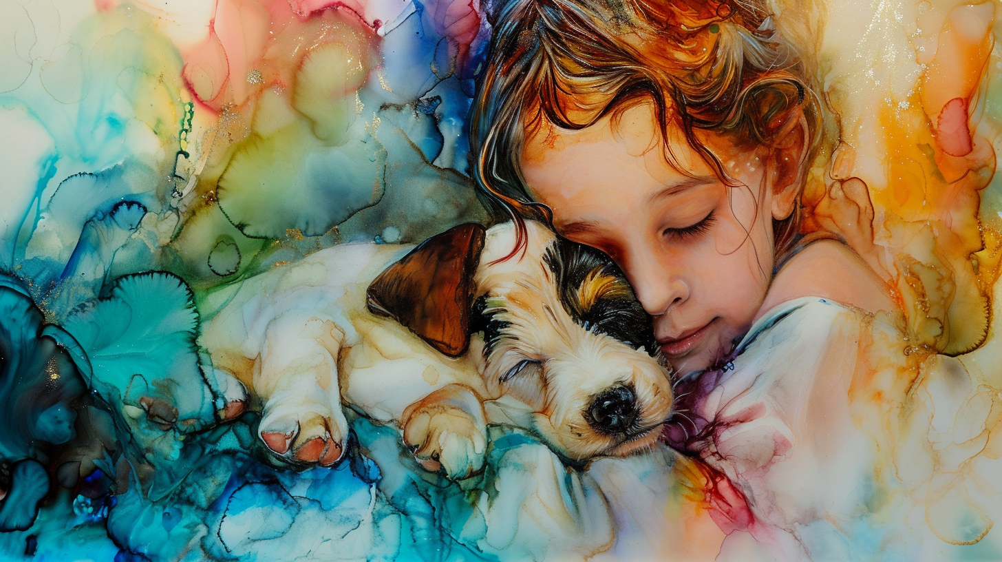 Colorful alcohol inks with girl and puppy