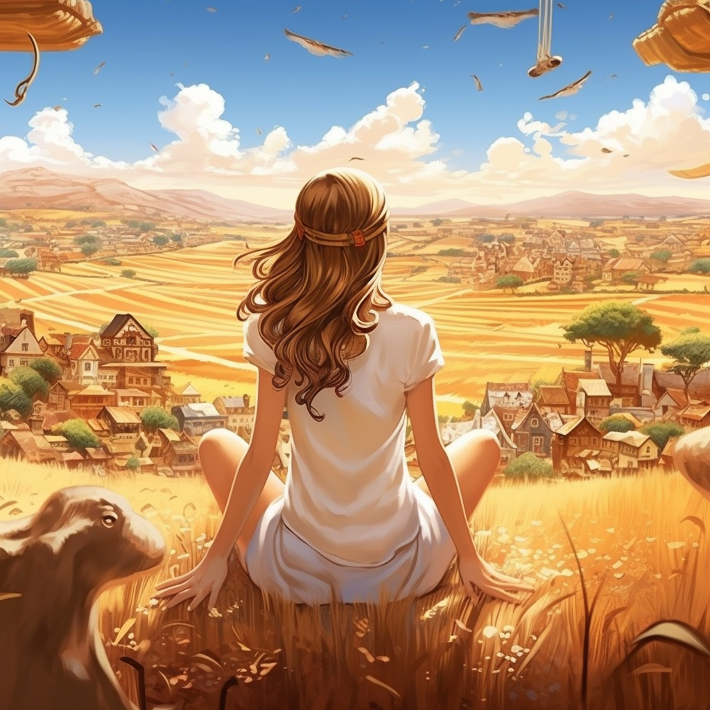 Alderwoman in Fantasy Clothing in Village with Wheat Fields