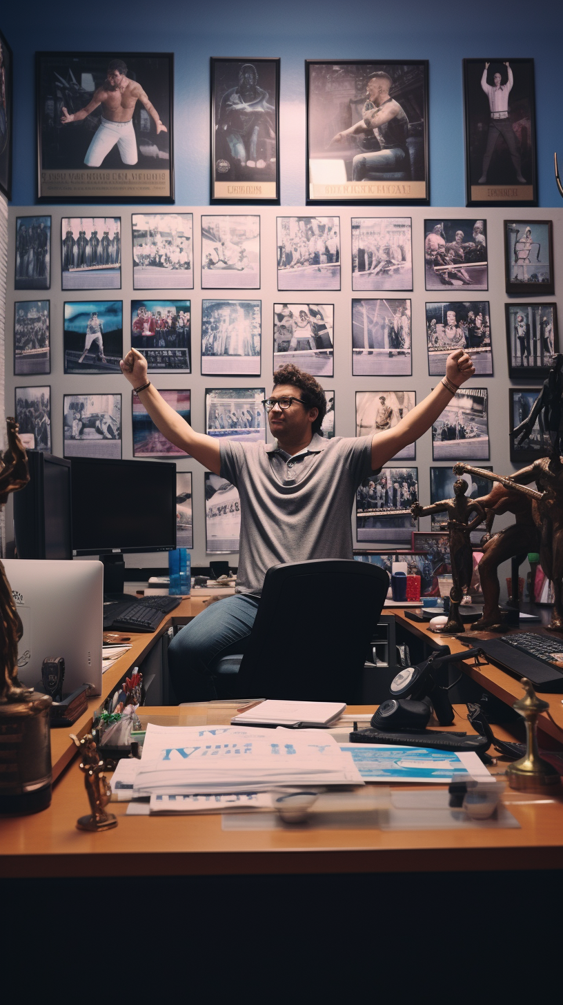 Alex adding trophy at desk