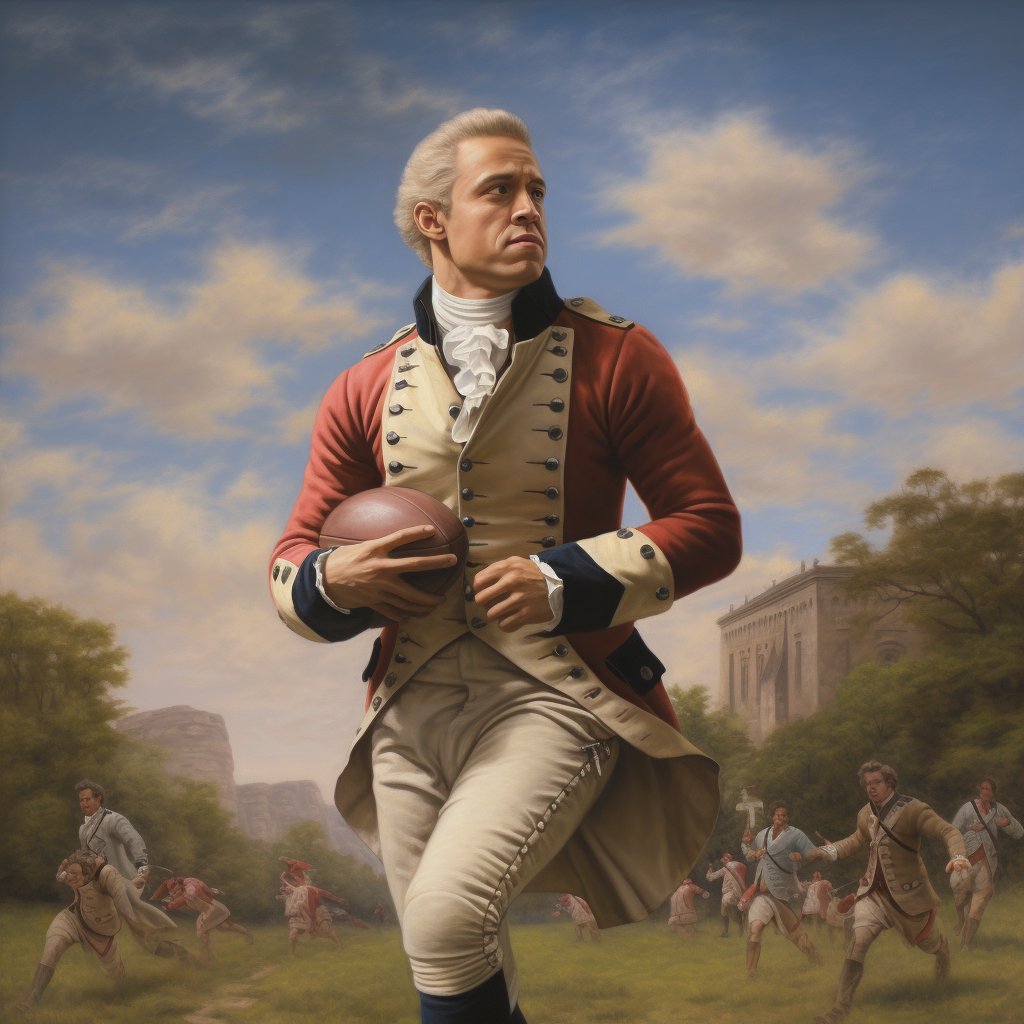 Hyperrealistic image of Alexander Hamilton playing rugby