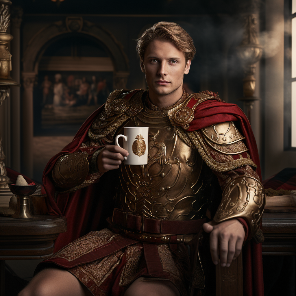 Alexander the Great drinking coffee in modern clothes