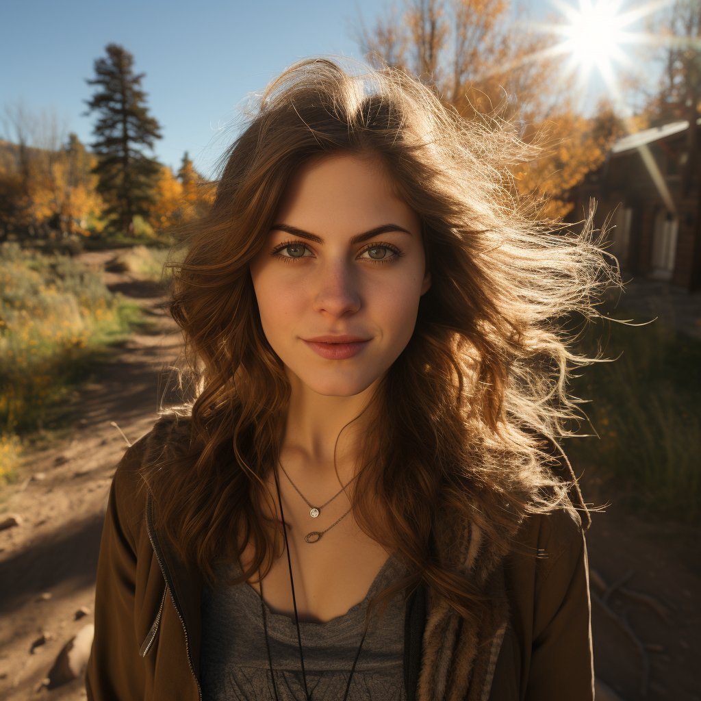 Alexandra Daddario with sparkling blue eyes walking in nature