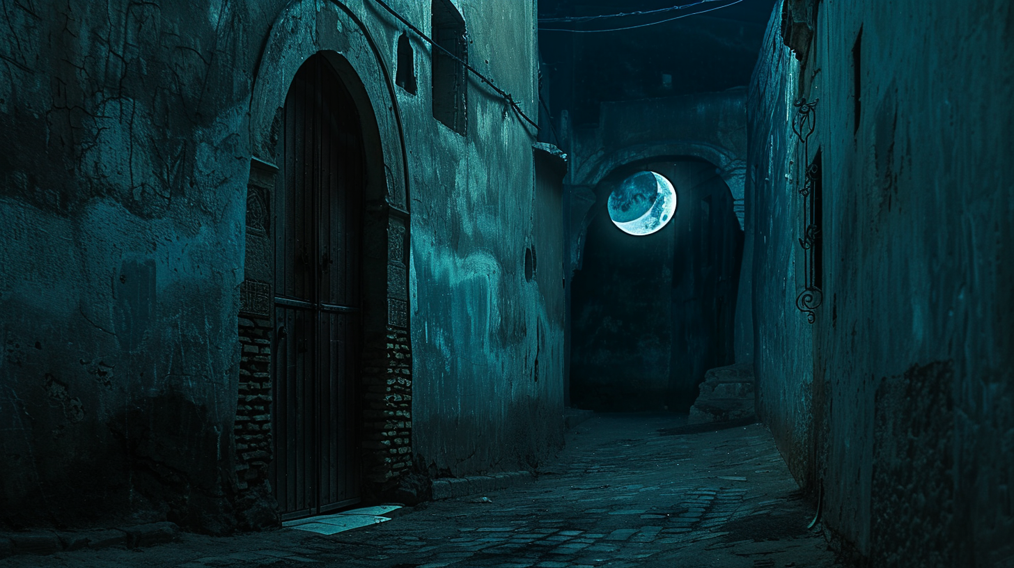 Moon over Algerian street at night