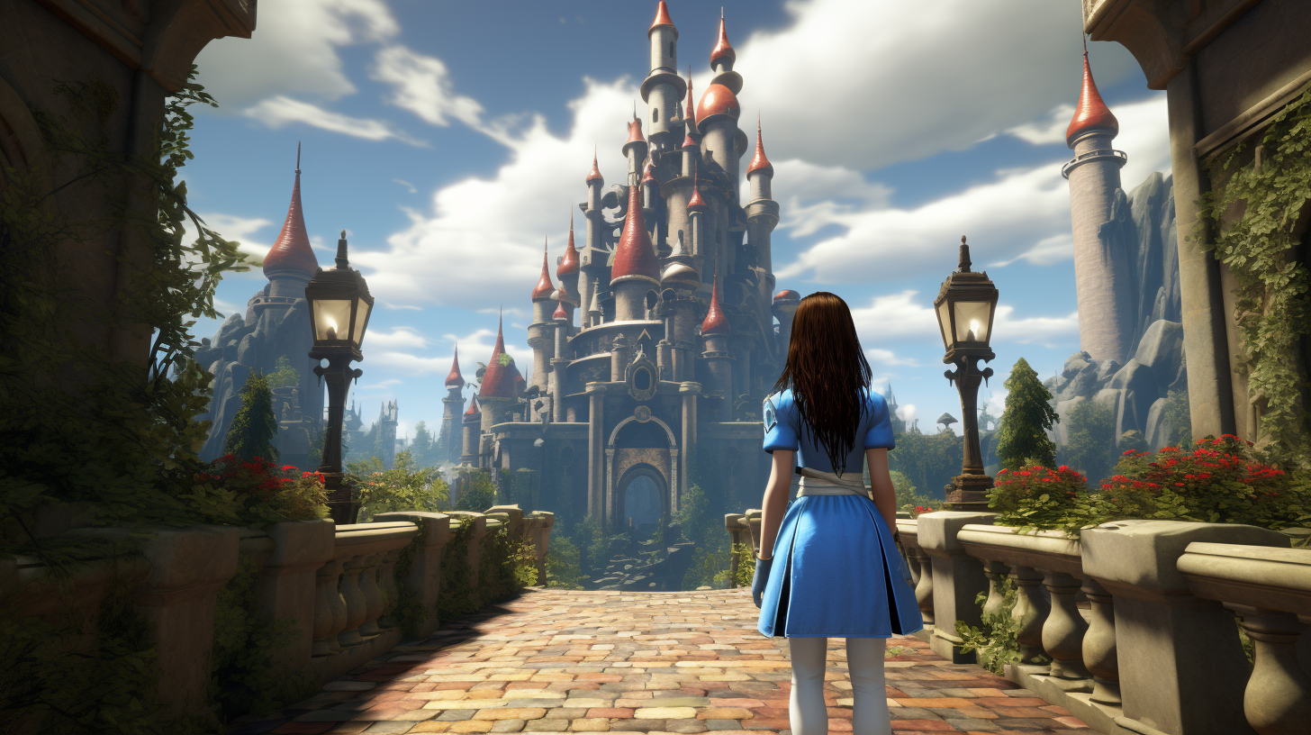 Alice standing in front of a castle