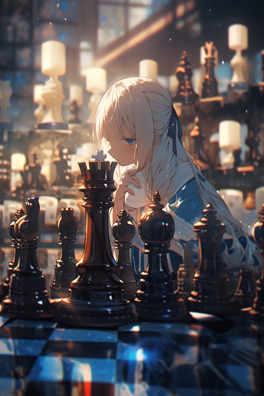 Alice thinking on a giant chessboard artwork