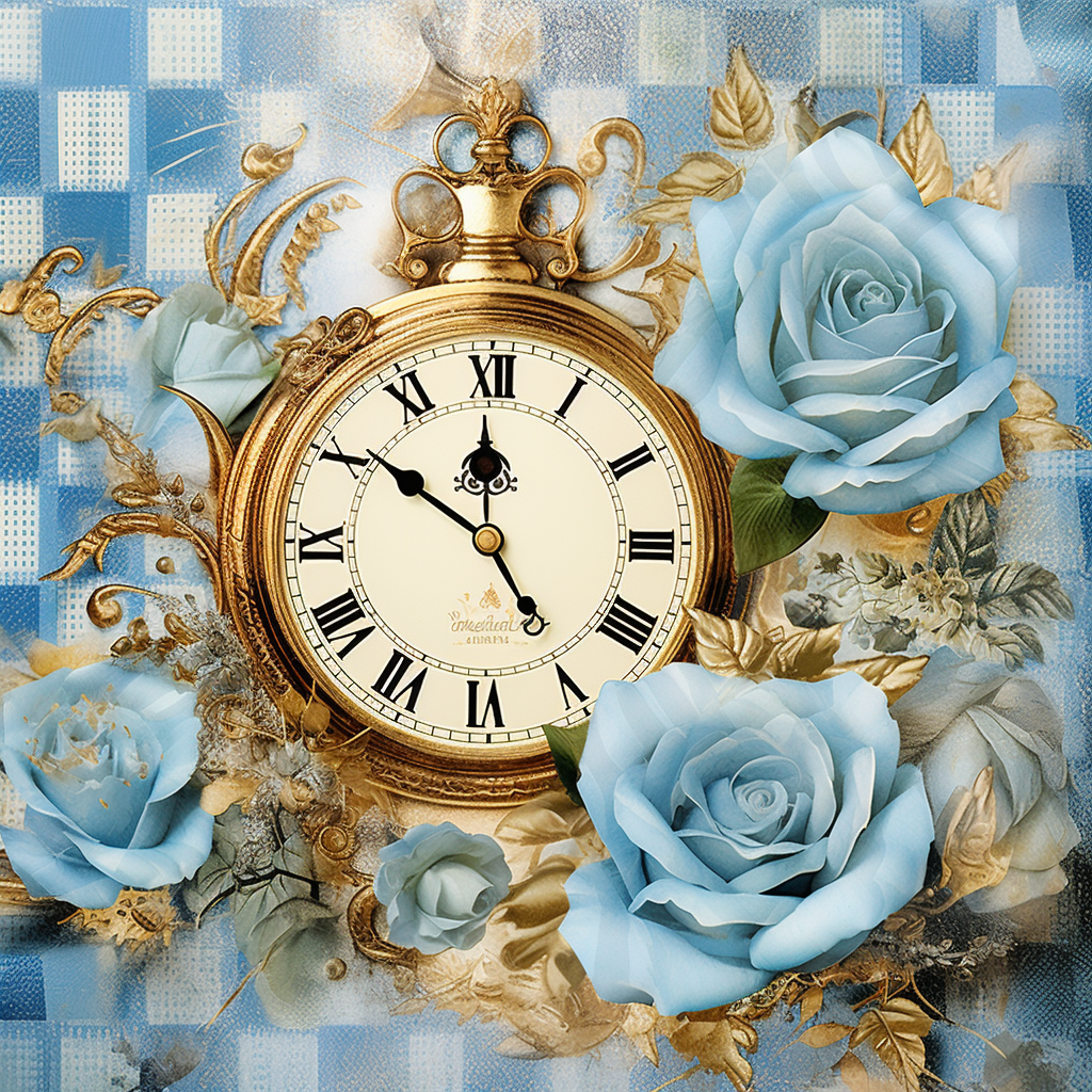 Alice in Wonderland with Blue Checkered and Gold Clocks