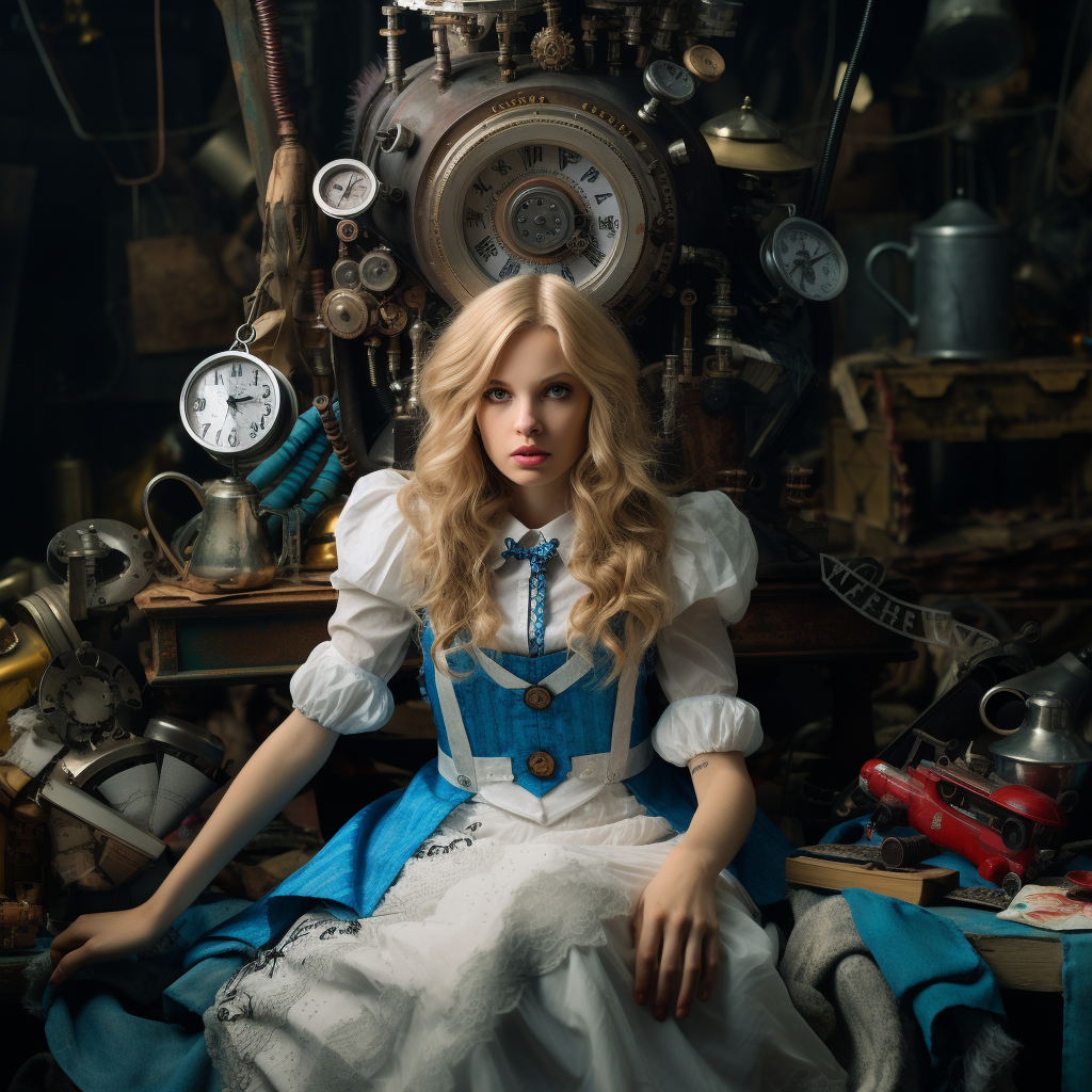 Alice in Wonderland surrounded by engine parts