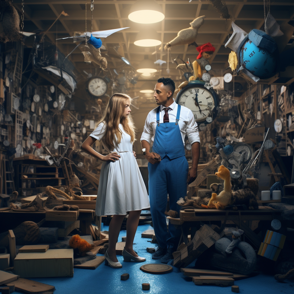 Worker man and woman surrounded by engine parts