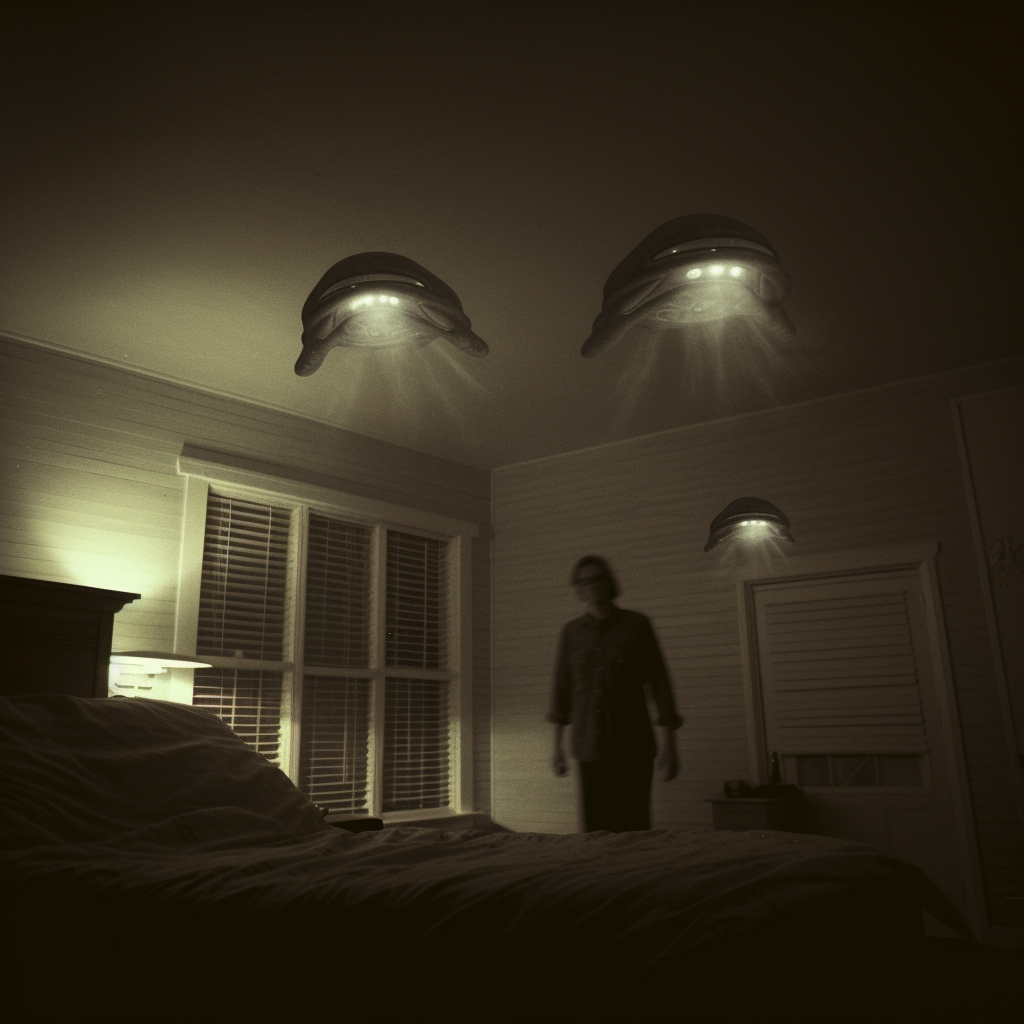 Scary grey aliens in vintage nighttime bedroom