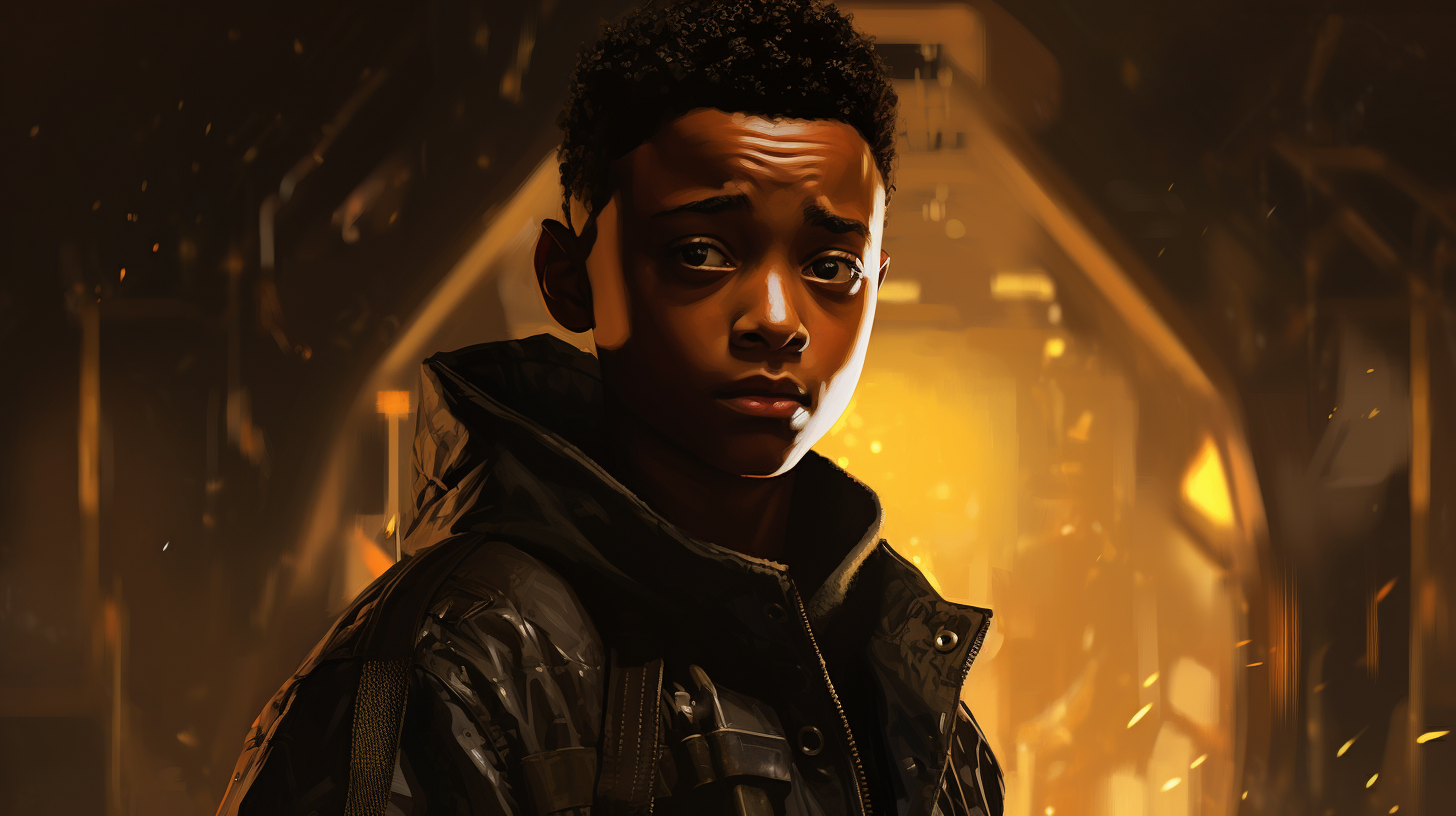 Illustration of a black boy in Weyland-Yutani colon