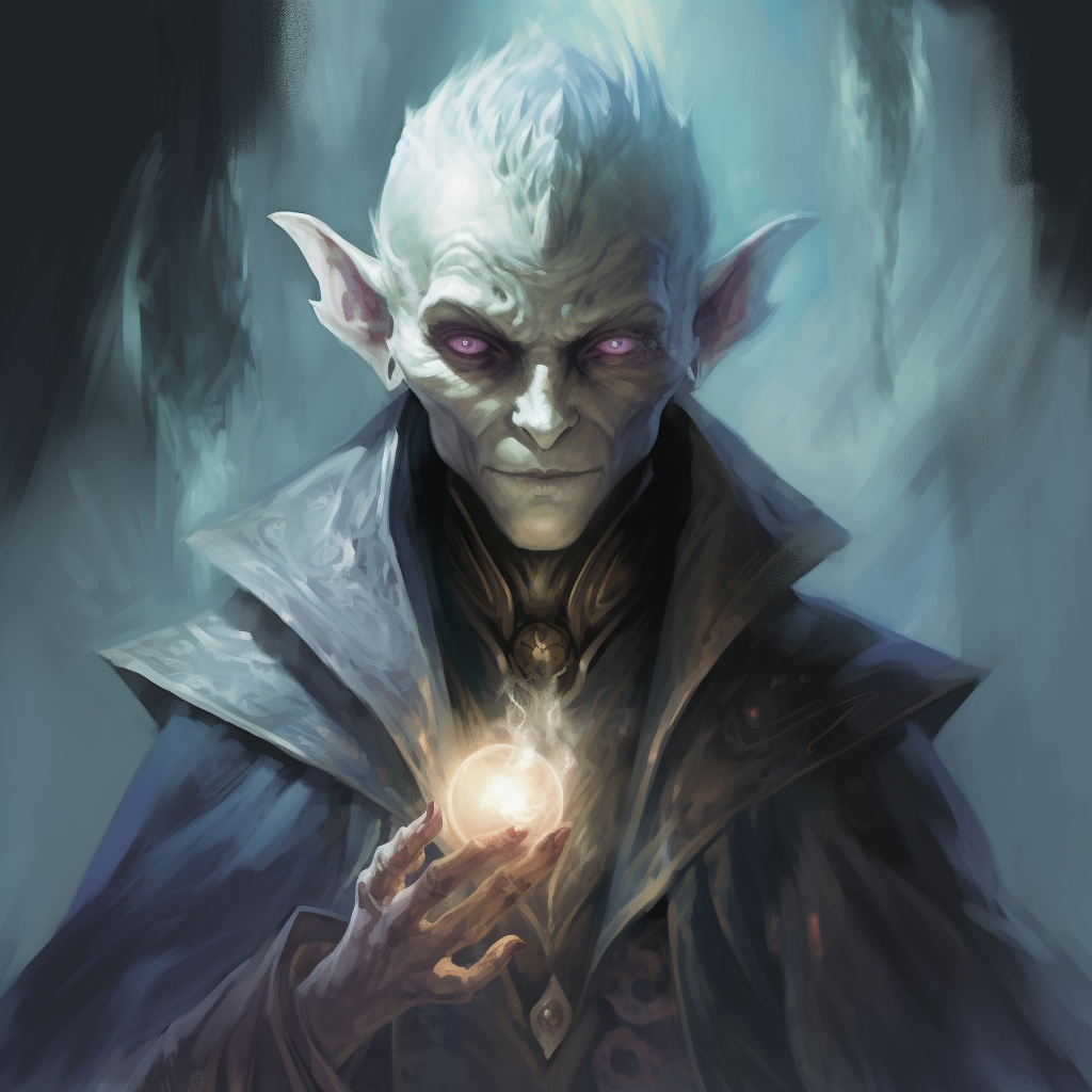 The grey alien changeling transmutation wizard character in Dungeons and Dragons