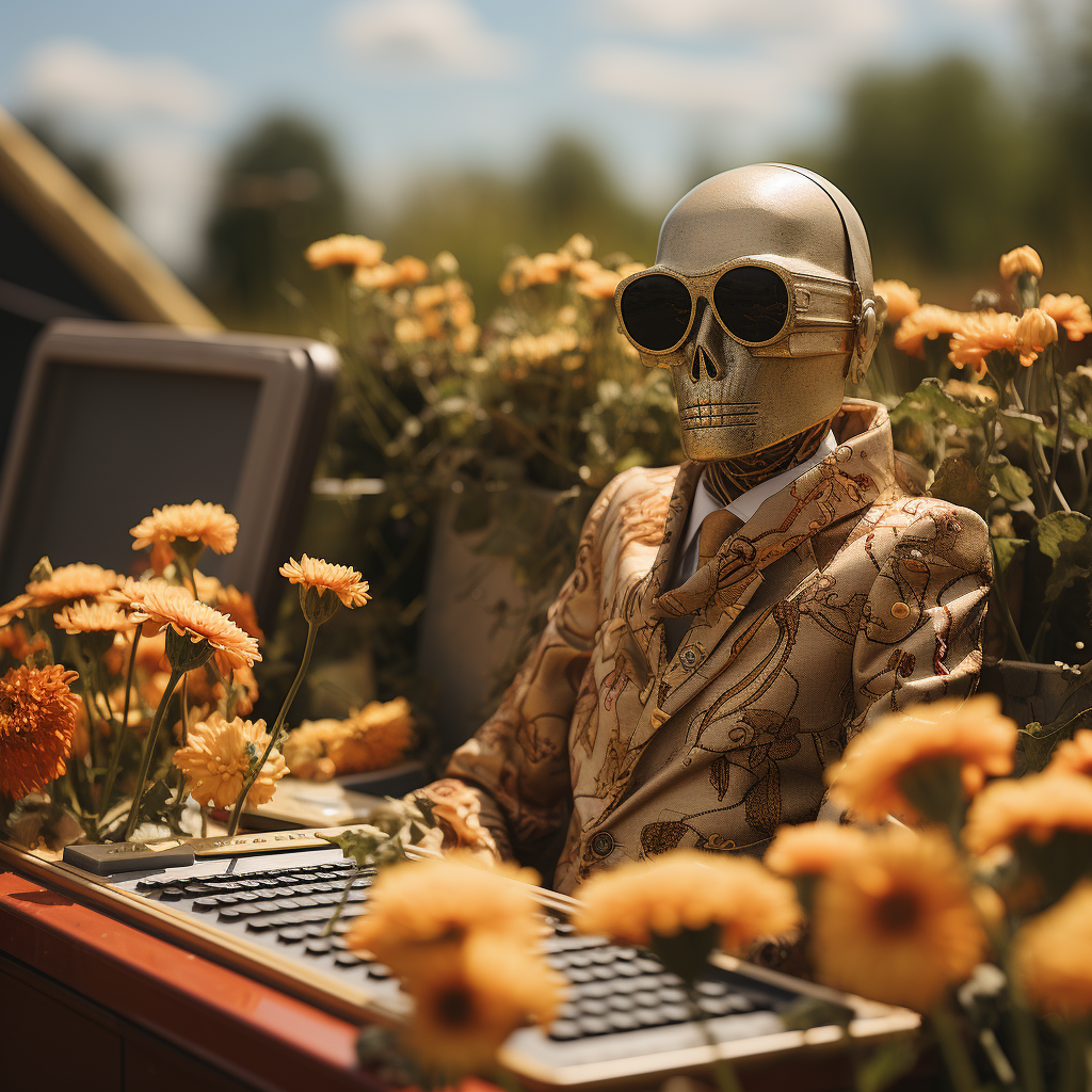 alien sitting on coffin in flower field